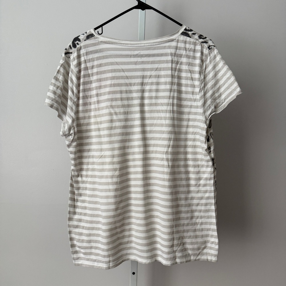 Style & Co XL Gray Striped T-Shirt Leopard Floral Embroidery Slouchy Flowy - Picture 5 of 5